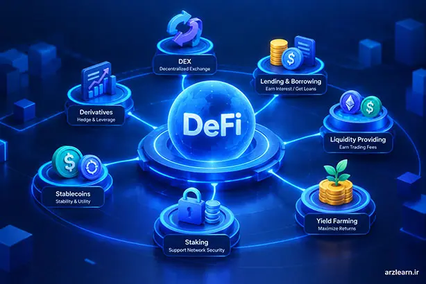اکوسیستم دیفای شامل DEX، وام‌دهی، استیکینگ و ییلد فارمینگ